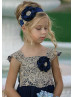 Gold Lace Navy Blue Tulle Ankle Length Flower Girl Dress Gold Lace Navy Blue Tulle Ankle Length Flower Girl Dress